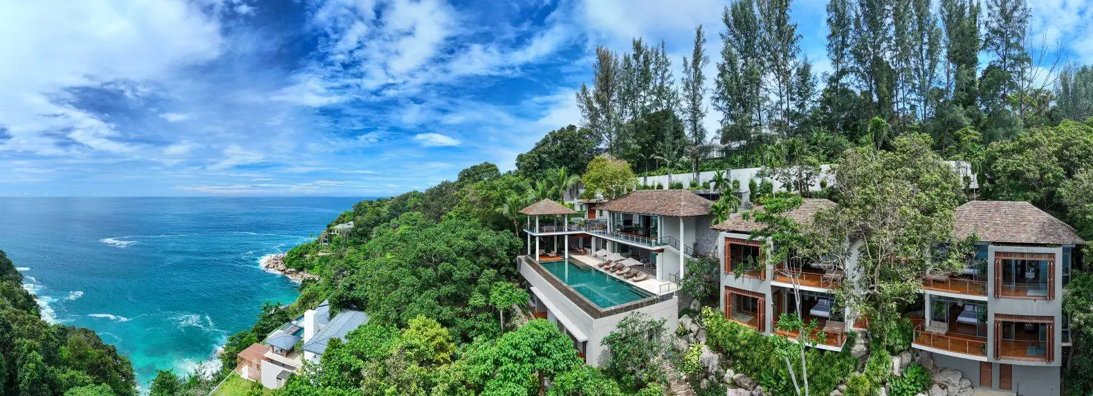 Panorama of Baan Banyan Villa terraced into the jungle hillside above the Andaman Sea
